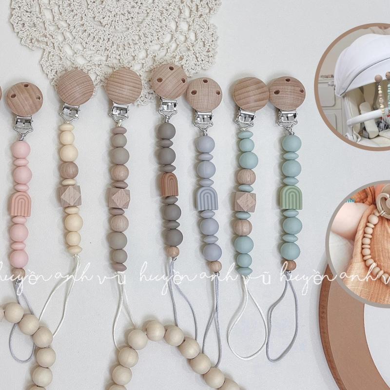 Túi đựng ti giả . Dây treo ti giả, gặm nướu, túi nhai ăn dặm, kẹp đồ chơi xe đẩy cho bé - Gỗ Sồi & Silicone thực phẩm - Voi