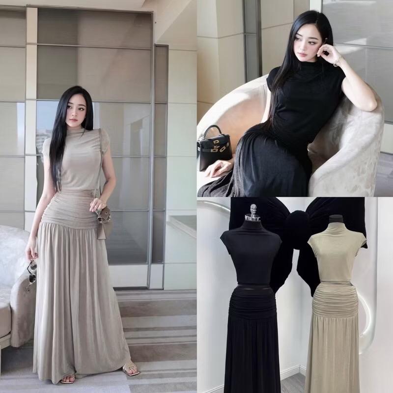   SIMI HOUSE  SET VÁY NHŨ TAY HẾN   Set váy body tôn dáng tay hến phối kèm chân váy midi nhún xoè 