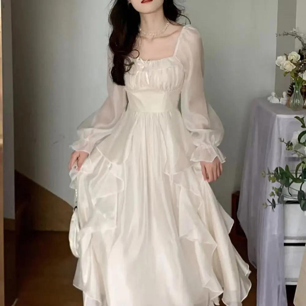 Váy Thanh Lịch, Màu Trắng Sương Mù, Eo-Căng Thẳng Cổ Tích Kiểu Pháp, Váy Voan Công Chúa Cao Cấp Dành Cho Nữ, Chống Nắng