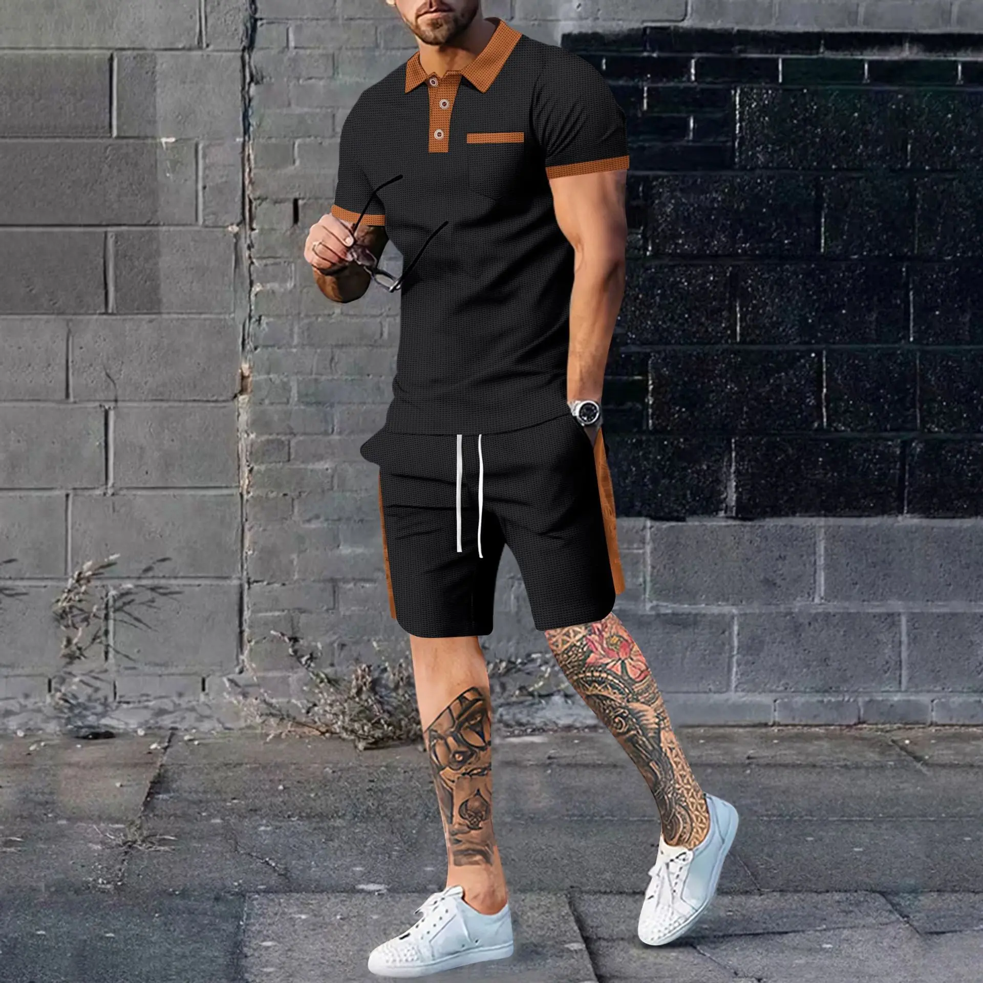 2024 Summer Men's Waffle Knit Color Block T-Shirt & Shorts Set - Casual Outfit Fashion Trend