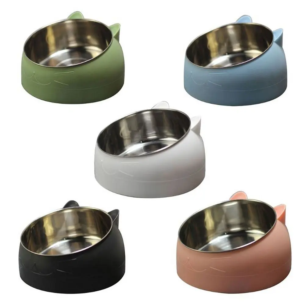 1pcs Pet Bowl for Dogs 15 Degrees Raised Stainless Steel Cat Gatos Feeder Safeguard Neck Non-slip Crash Elevated Mascotas Food Bowls