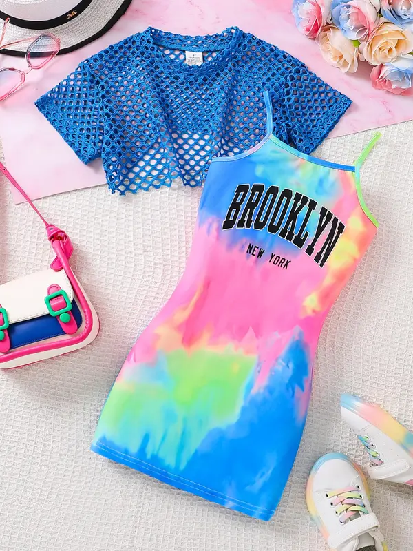 Girl's Solid Hollow Out Crop Top & Tie Dye Letter Print Cami Dress Two-piece Set, Casual Short Sleeve Top & Sleeveless Dress for Daily Wear, Kids Summer Clothes 0