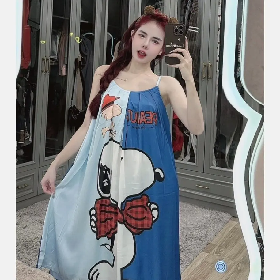 [40-65KG]Đầm Lụa Latin Tơ Tằm Cao Cấp 2 dây xếp ly In Full Họa Tiết 5D Queen Có Tăng Đơ Chỉnh Mềm Mát Mặc Nhà Cao Cấp VIP200 Nữ  Áo Women Dress Đầm Ngủ Kem Sen
