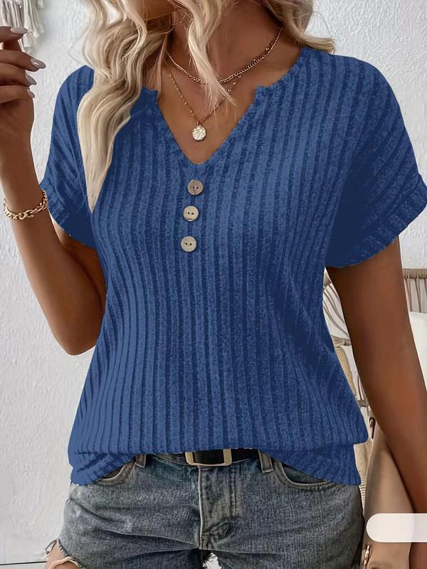 Women's Plain Button Decor Notched Neck Tee, Elegant Casual Fashion Short Sleeve Ribbed T-shirt for Summer, Ladies Clothes for Daily Wear, Womenswear 2