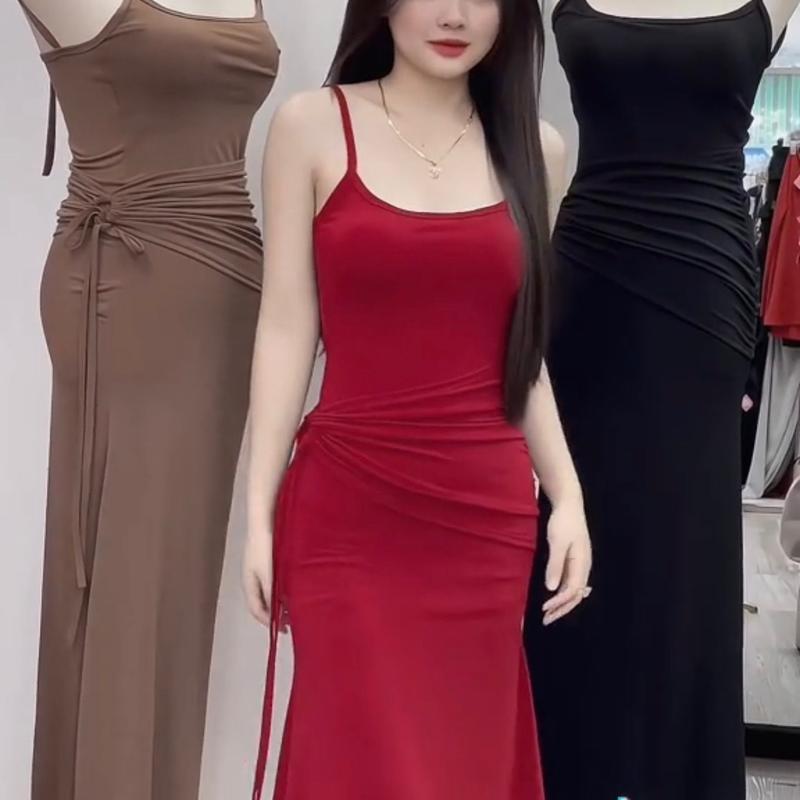 Đầm 2 Dây Rút Eo Choàng Kèm Dây Hoa Cuộn