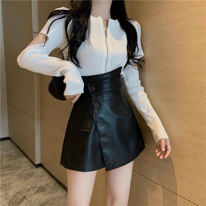  Chân váy da chữ A có khóa kéo sau lưng cạp chéo quần giả váy vạt chéo 3 cúc 