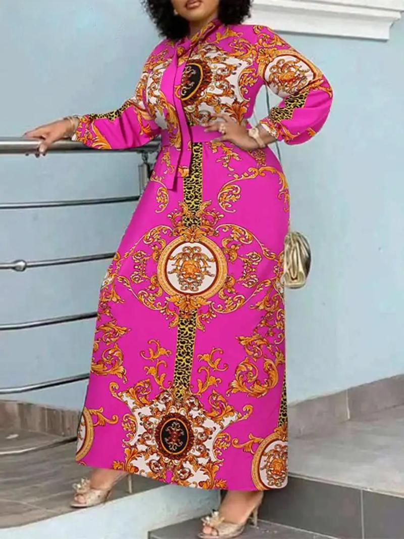 Product Introduction of Women's Ethnic Pattern Belted Tie Neck A Line Dress, Boho Fashion Long Sleeve Dress for Daily Holiday Vacation Wear, Ladies Dress for All Seasons 1
