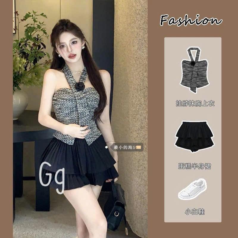 SET ÁO YẾM DẠ CÚP ᵰgực ĐÍNH HOA PHỐI CHÂN VÁY DẬP LI Women 0