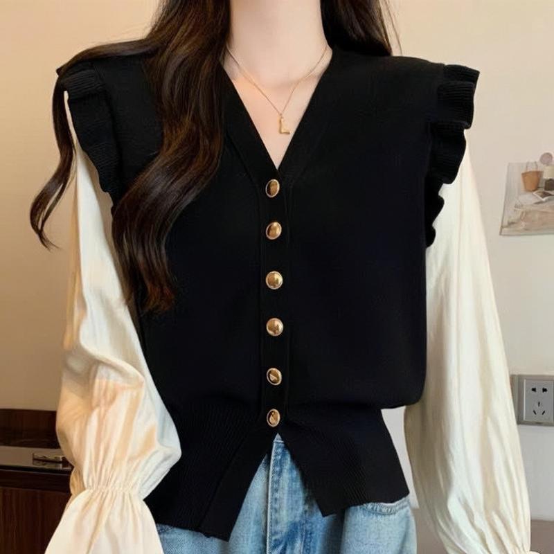  Áo len cổ tim vai bèo pha tay sơ mi bánh bèo hàng Qc Top Nữ 