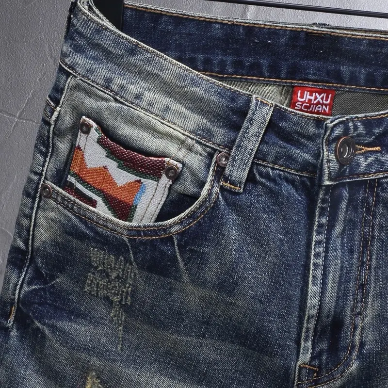 Sọt Jeans nam chất Denim cao cấp màu xanh wax bụi in hoa văn cực chất mã số J1027 2
