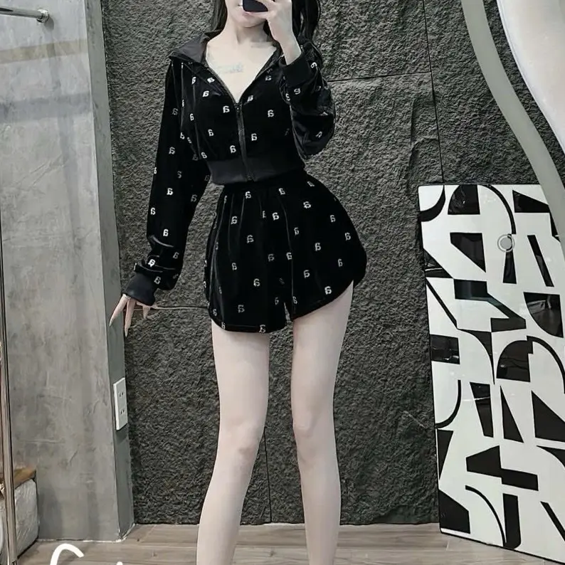 L017- Sét nhung 2 món đính đá siêu sang gồm áo khoác dây kéo tay dài phối quần lưng chun (38-55kg) Nữ Women 3
