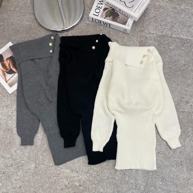 Váy Đầm Len Trễ Vai Đính Khuy Tay Dài Dáng Ôm Body Freesize Cho Nữ Dưới 55kg - Huyền Thanh Shop Women Nhung Dress 3 Màu Trắng/Đen/Xám 8