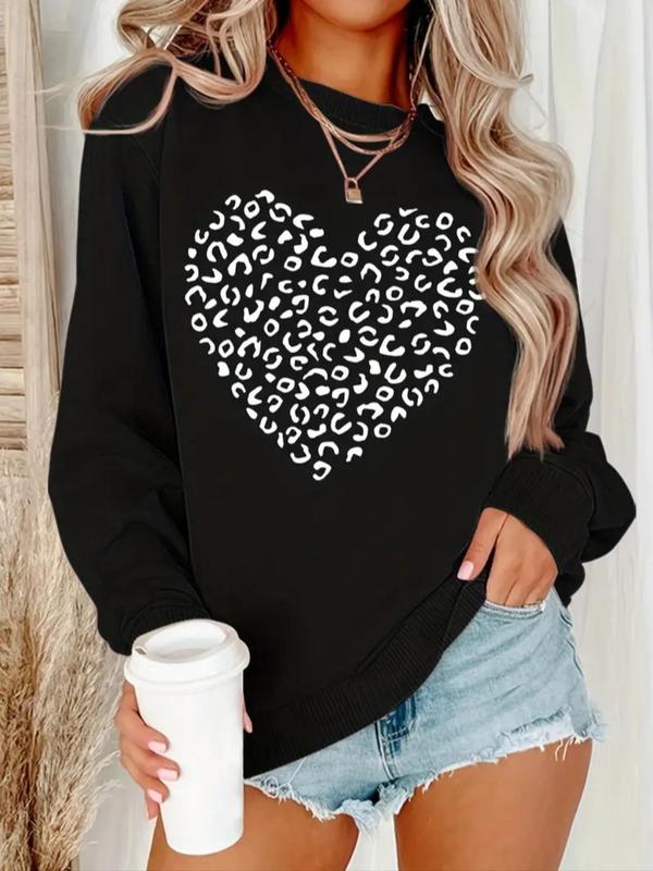 Women's Heart & Leopard Print Drop Shoulder Crewneck Sweatshirt, Comfort Casual Longsleeves Round Neck Pullover for Lady Fall & Winter, Gifts for Girlfriends, Womenswear Valentine's Day, gift 2