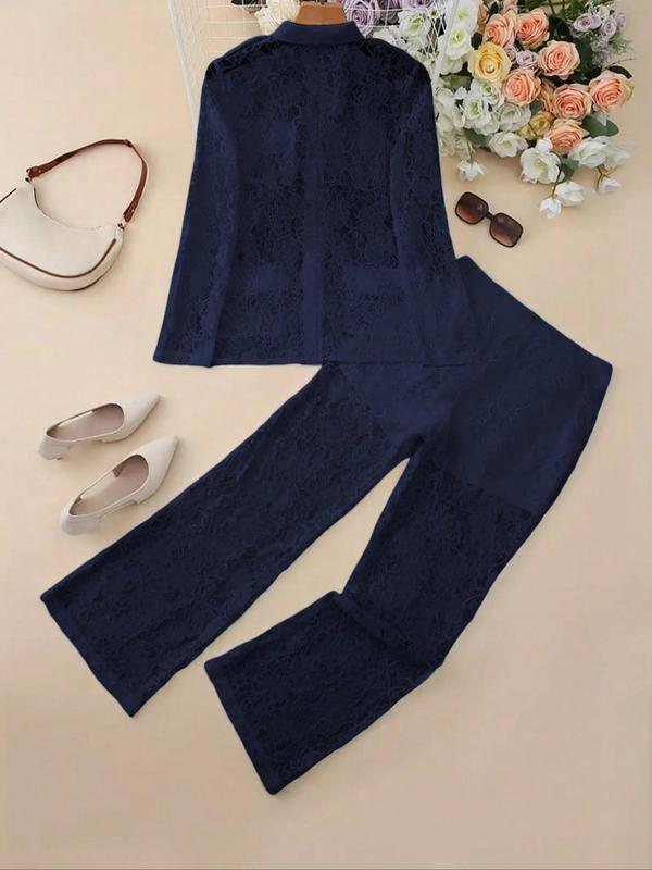 Women's Floral Lace Button Front Pocket Jacket & High Waist Pants Set, Elegant Sheer Long Sleeve Collared Top & Straight Leg Pants for Vacation Holiday Party, Ladies Clothes for All Seasons, Sassyclassyclothing, Co-ord Sets for Women 8