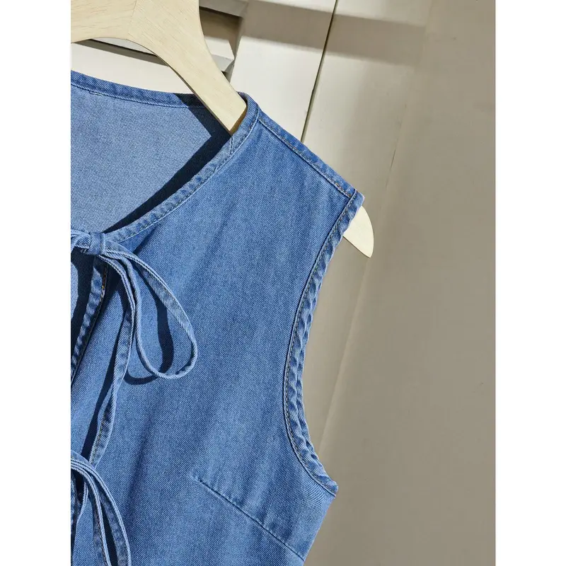 EZwear Women's Casual Denim Tie Bow Ruffle Hem Vest, Blue 3