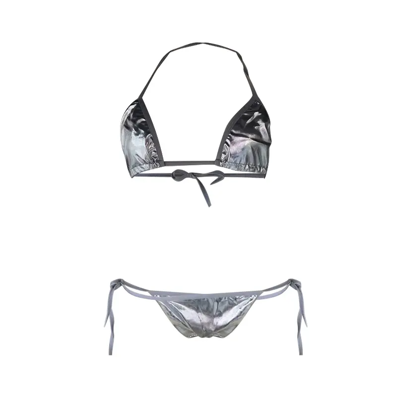 Women's 2 Piece Swimsuit Shiny Metallic Bikini Set Solid Color Summer Two Piece Bathing Suit