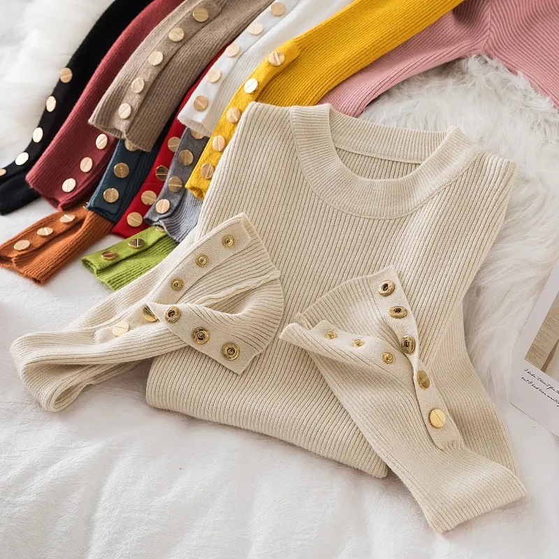women thick sweater pullovers casual autumn winter button o-neck chic sweater female slim knit soft jumper tops