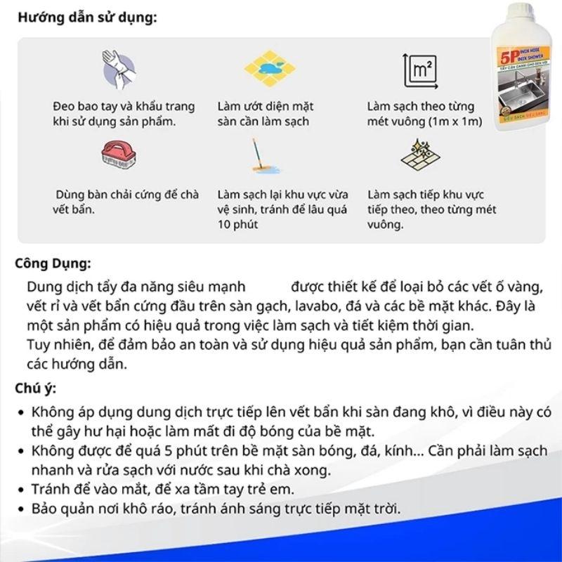 [Tặng Khăn] Nước Tẩy Đa Năng - Tẩy Cặn CANXI Vệ Sinh Sàn Nhà 5P 1000ml Làm Sạch Bề Mặt Kính, Bồn Rửa, Vết Ố Vàng Nhà Tắm 4