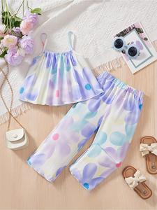 Girl's Floral Print Crop Camis Top & Pants Two-piece Set, Cute Sleeveless Top & Trousers for Daily Wear, Kids Summer Clothes