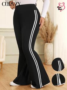 CURVZY Plus Size Colorblock Side Stripe Flare Leg Pants, Casual Fashion Elegant Comfy High Waist Bell Bottom Trousers for Daily Wear, Women's Bottoms for All Seasons
