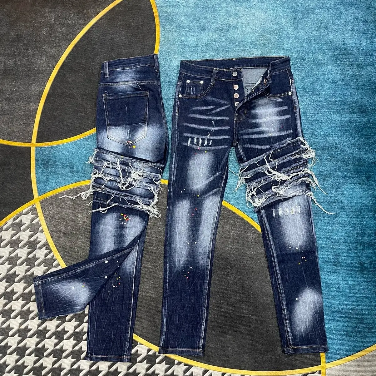 Quần jeans d2 khuyết tật vẩy sơn, 4 cúccc hottrend set  quan quần  dsq xanh