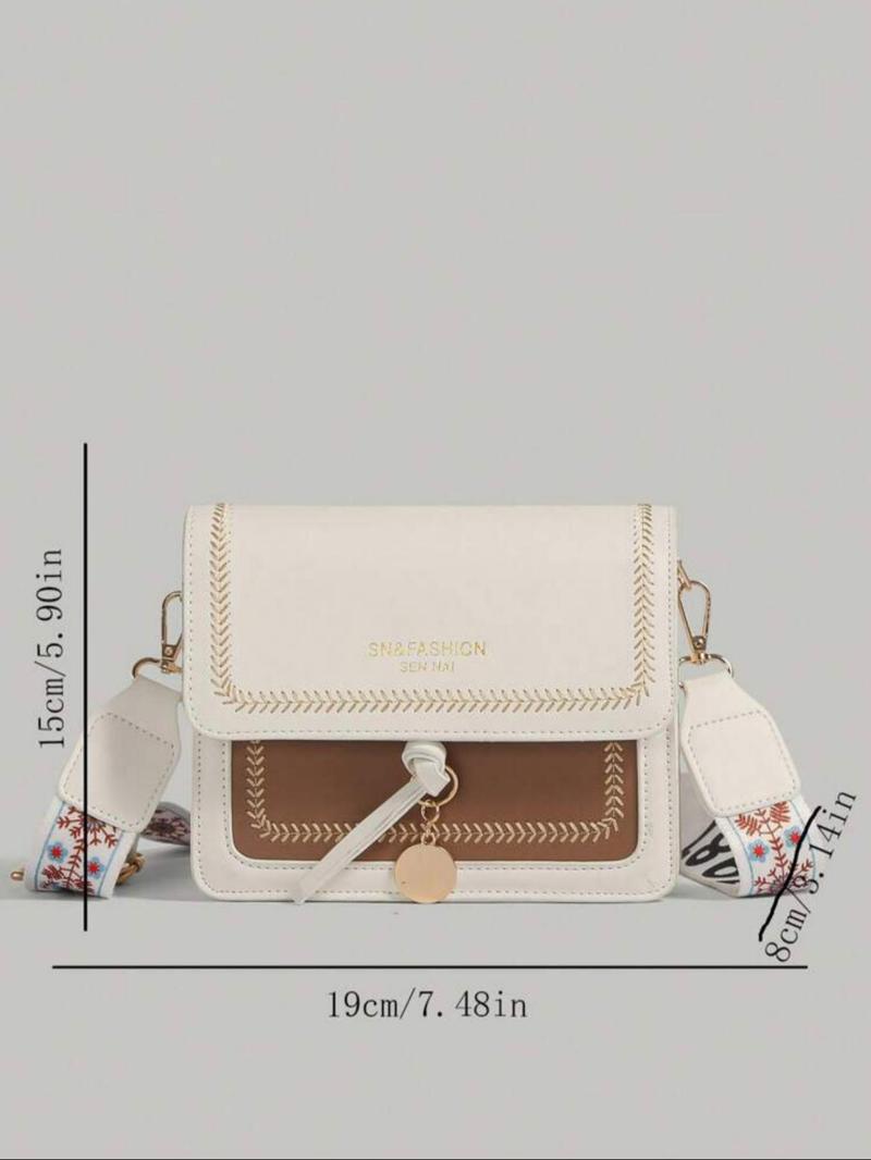 Product Introduction of Fashionable Colorblock Embroidering Design Crossbody Bag, Casual Versatile Patched Design Purse Bag for Women, Trendy High-quality Daily Commuting Bag, Purse 8