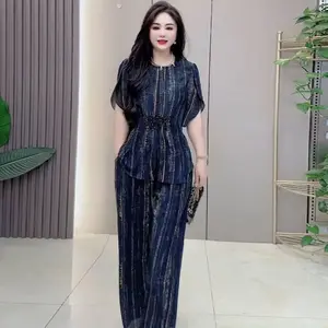 [NEW]FADFAD Setelan wanita dua potong atasan lengan pendek model pinggang elastis dan celana paanjang longgar motif bergaris