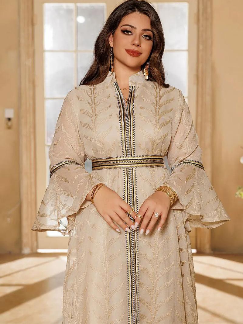 Product Introduction of Dubai Embroidery Abaya With Belt For Muslim Woman Notched Stand Collar Flare Sleeve Elegant Loose Moroccan Saudi Kaftan 6