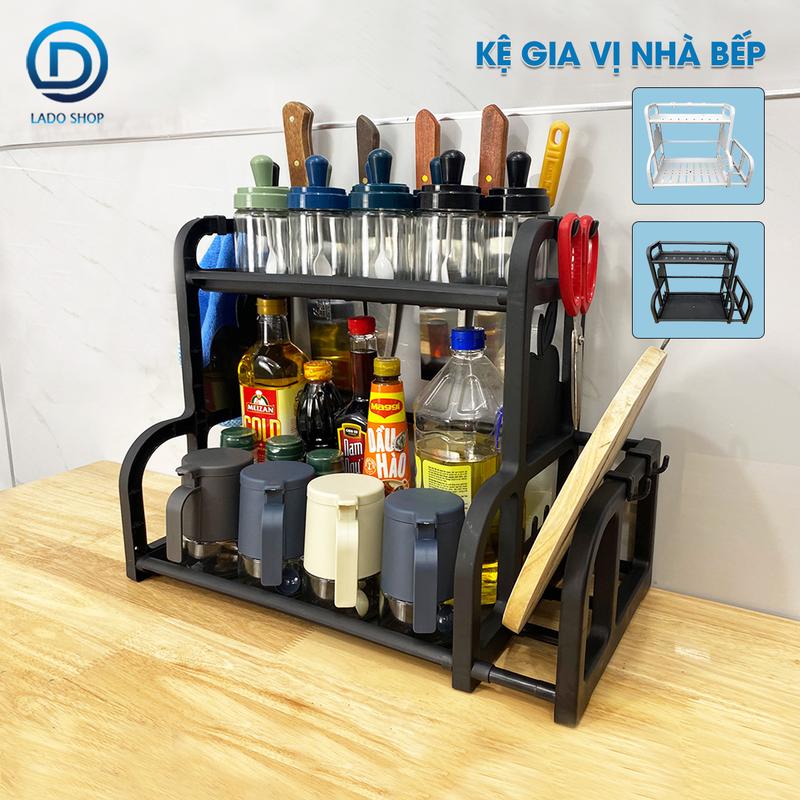 Kệ Đựng Gia Vị 2 Tầng Nhà Bếp Chữ B Lắp Ráp Kitchen, Có Kèm Móc Treo Khe Cắm Dao, Ống Đựng Đũa và Ngăn Để Thớt, Chất Liệu Nhựa PP