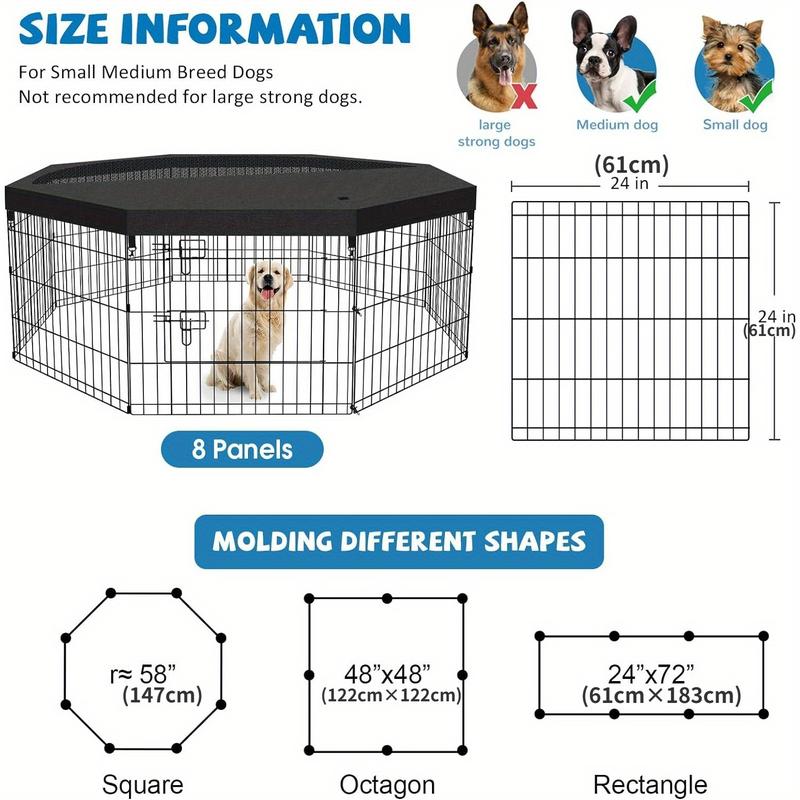 TikTok Shop Dog Pen Pet Playpen Dog Fence Indoor Foldable Metal Wire Exercise Puppy Play Yard Pet Enclosure Indoor Outdoor 8 Panels 24 Inch with Bottom Pad Top Cover Grey with top Cover