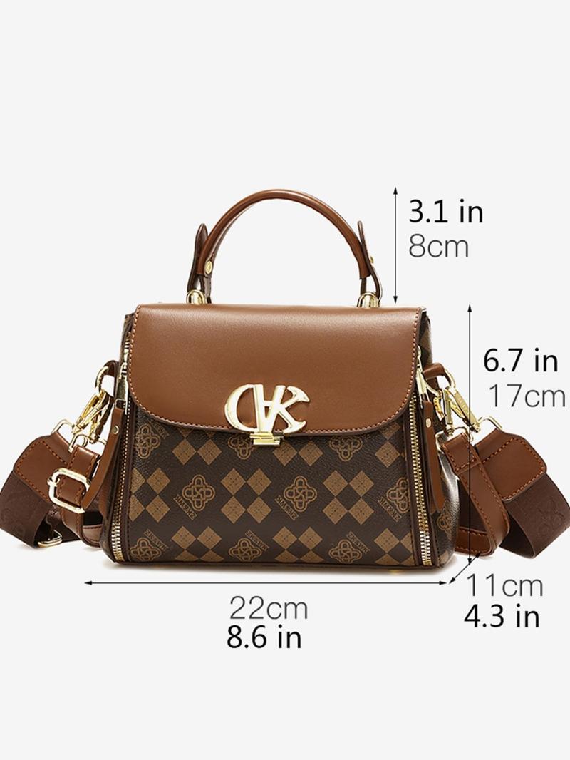 Product Introduction of Women's Retro Pu Leather Geometric Pattern Print Handbag, 2025 New Trendy Letter Label Decorated Crossbody Bag, Casual All-match Crossbody Bag for Work & Daily Used 12