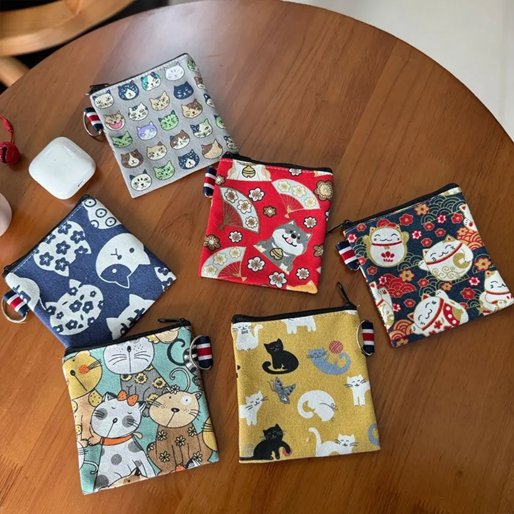 Cute Canvas Coin Purse Cat Prints Mini Card Holder Zipper Money Pocket Women Girls