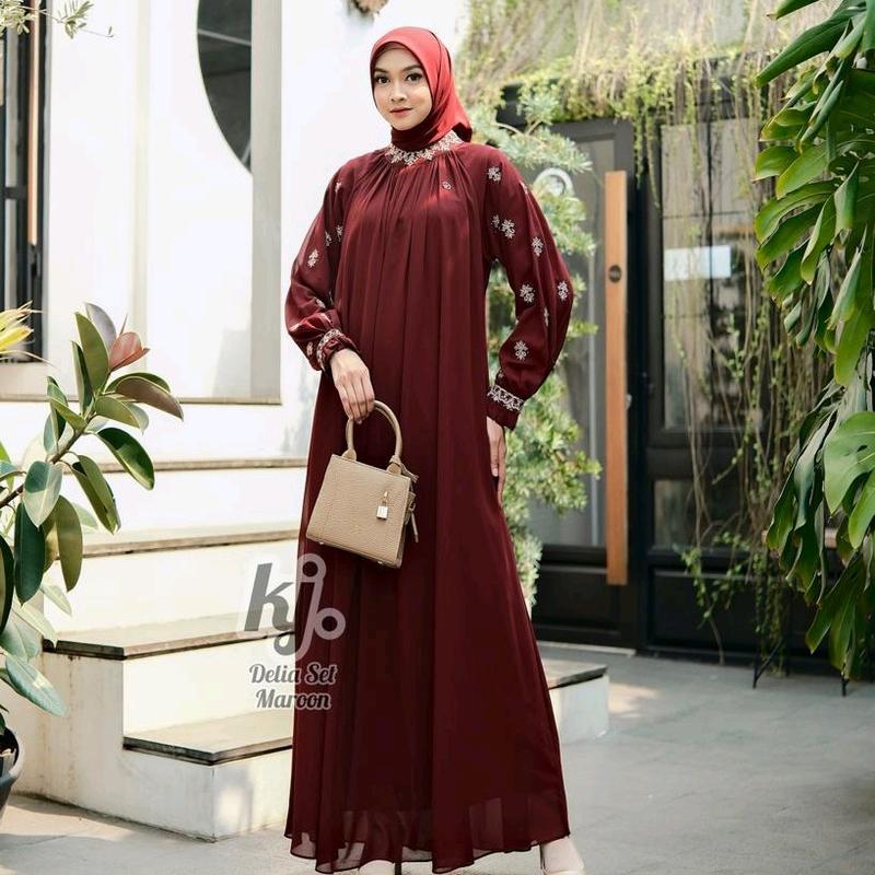 Gamis Ceruty Bordir set Hijab Gamis Delia set Original Khadijah mode 4