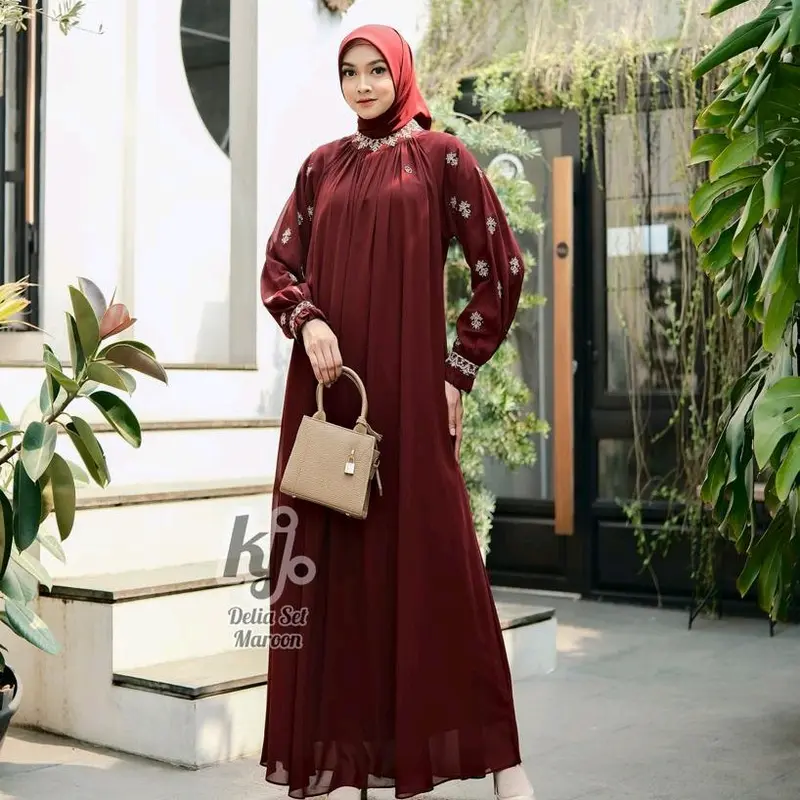 Gamis Ceruty Bordir set Hijab Gamis Delia set Original Khadijah mode 4
