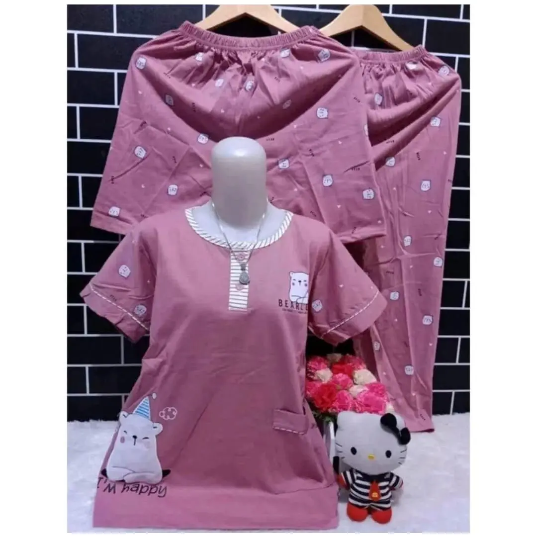 SETELAN BAJU TIDUR 3 IN 1 WANITA DEWASA BAJU 1 CELANA 2 PANJANG DAN PENDEK MODEL BORDIR UKURAN M- L- XL