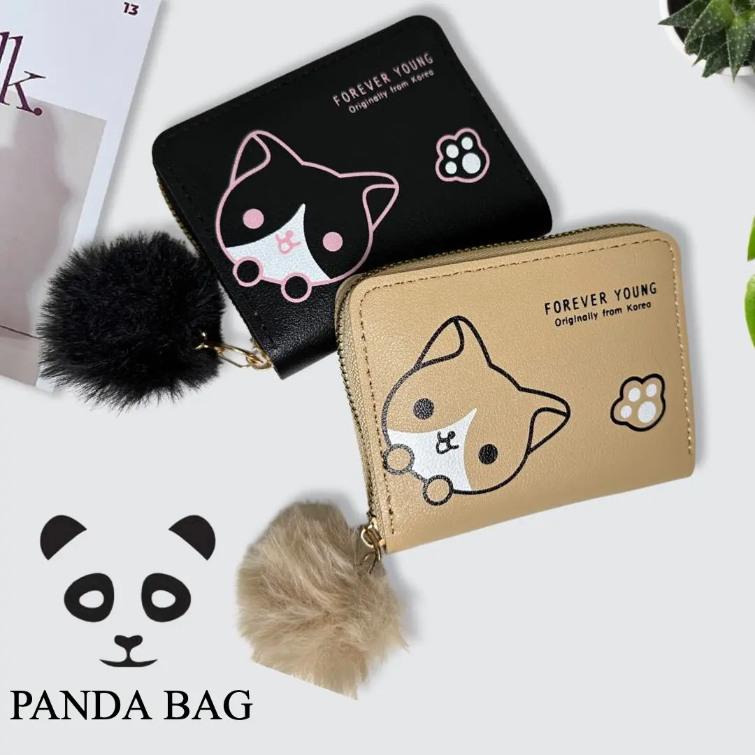 Women's Short Wallet Multifunctional Zipper PU Leather Cute Fashion Wallet Women's Wallet with Fur Ball Puppy Print Wallet