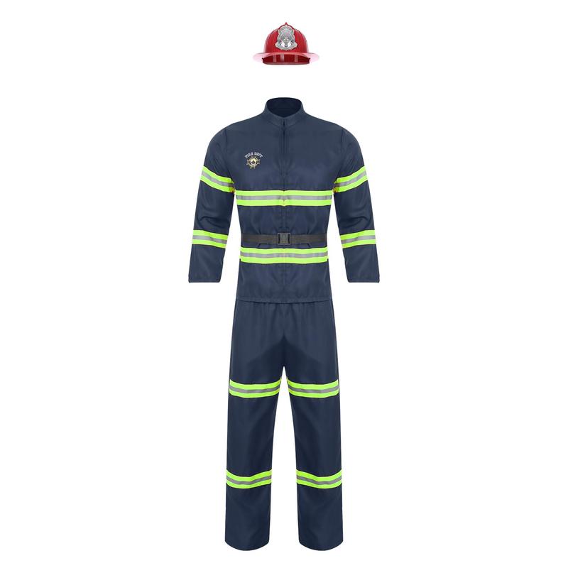 Manyakai Mens Firefighter Costume Fireman Role Play Uniform Long Sleeve Reflective Stripes 4-piece Suit 3