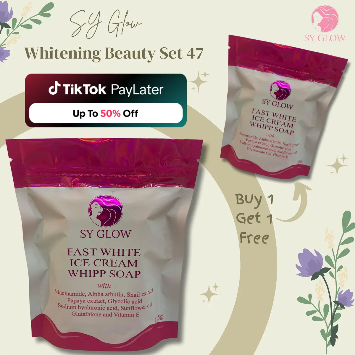SY Glow Whitening Beauty Set 47 - Fast White Ice Cream Whipp Soap | 125g | Buy 1 Get 1 Free | Body Whitening & Moisturizing | Use with SY Glow Ice Cream Lotion for Fast Result