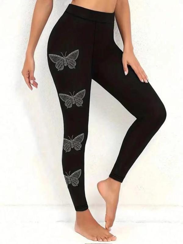 【Plus Size】 Rhinestone Decor Butterfly Pattern Leggings, Casual Comfy High Waist Skinny Pants for Women, Women's Bottoms for Fall & Winter 0