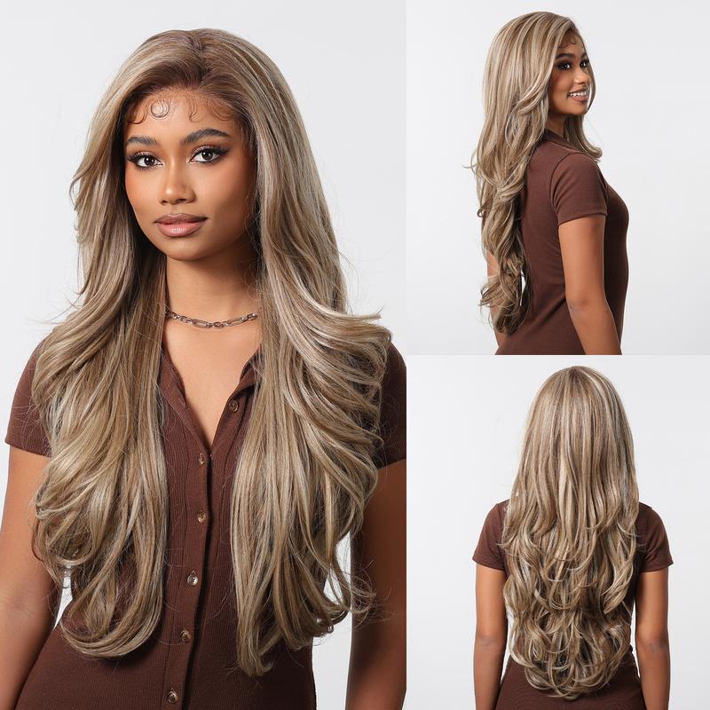 13*6  Lace Front Synthetic Wigs Wavy Dark Brown with Light Brown Color Daily Party Wig for Women Ladies Natural Use 8