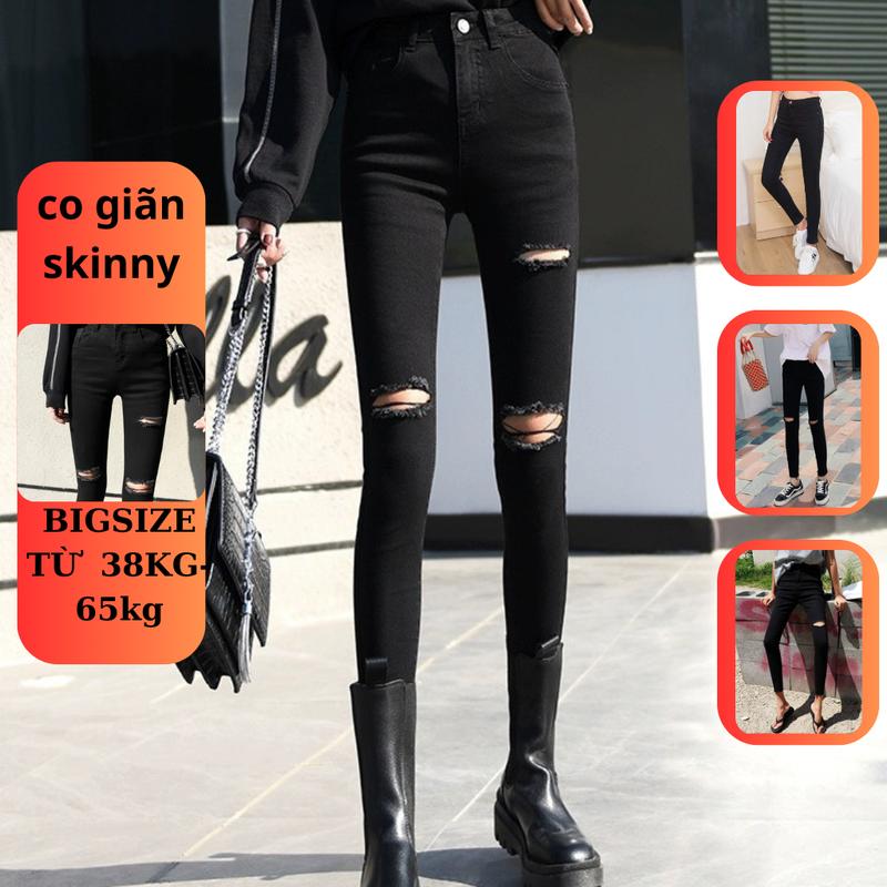 (Size 38kg-65kg) Quần Jean Nữ Rách Gối Đen Tuyền, Quần Bò Đen rách 2 khuy dáng skinny lưng cao co giãn Women quần  jean big size Pants Denim