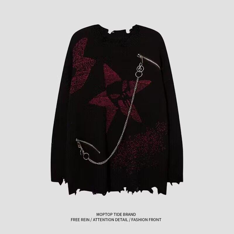 Product Introduction of Sweater Berkait Harajuku, Gaya Jalan Retro Eropah dan Amerika, Rantai Tertekan, Uniseks, Bergaya, Longgar, Sweater Leher Krew Kasual, 2024 1
