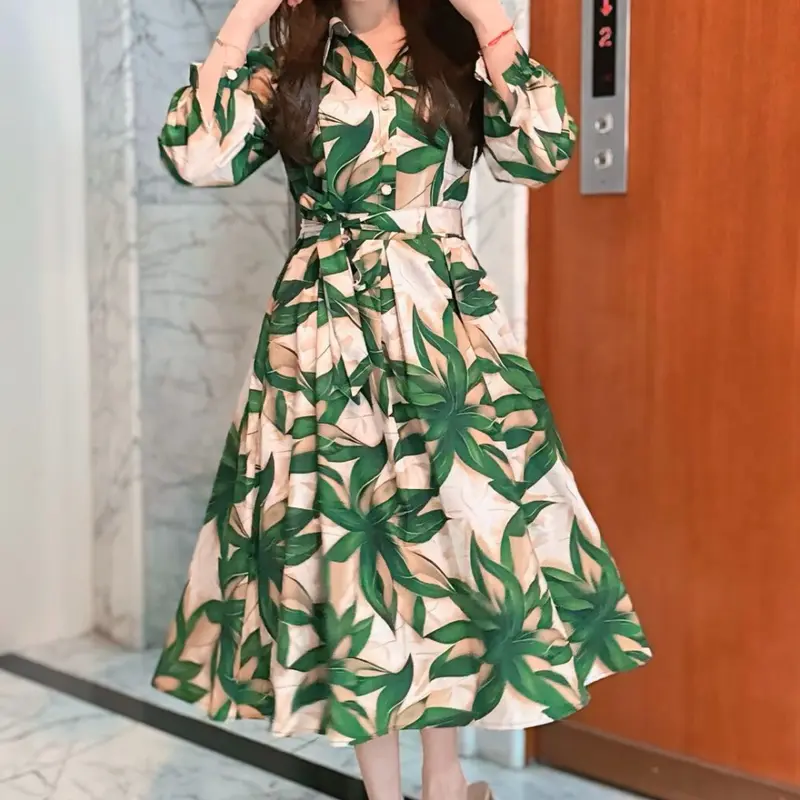 FADFAD Gaun Rok Panjang Sedang Lengan Panjang Bermotif Cantik Gaya Modis 2