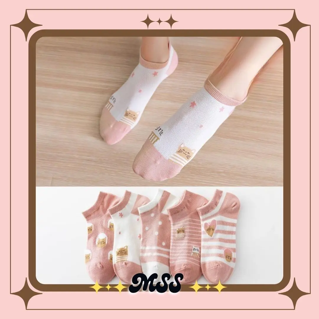 MSS (COD) Kaos Kaki Wanita Pendek Semata Kaki 6919 Kaus Kaki Pendek Motif Kartun Kucing Lucu Pink Cat Meow Sarung Kaki Pendek Wanita Ankle Socks Fashion Korea Women Sock Katun Simple Garis