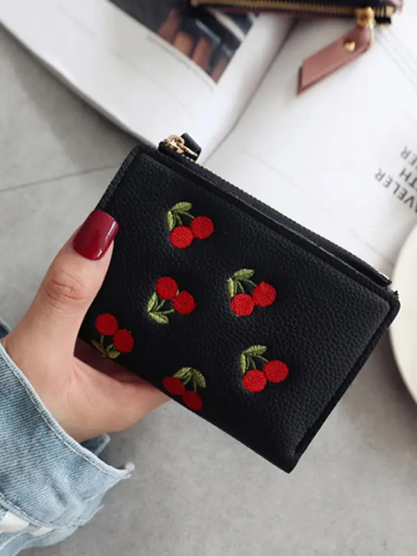 Women's Cute Cherry Embroidered Short Wallet, Trendy Elegant Bifold Wallet, Chic All-match Card Holder for Daily Life, Everyday Purse for Women & Girls, Wallets for Women, Unique Gifts for Women 3