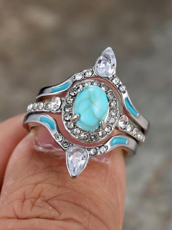 Fashion Boho Style Turquoise & Rhinestone Decor Rings, 3 Counts Temperament Rings, New Trend Hand Jewelry for Women & Men,fashion Jewelry for Party, Daily Clothing Decor, Trendy All-match & Exquisite Jewelry for Birthday Gift, Unique Rings 4