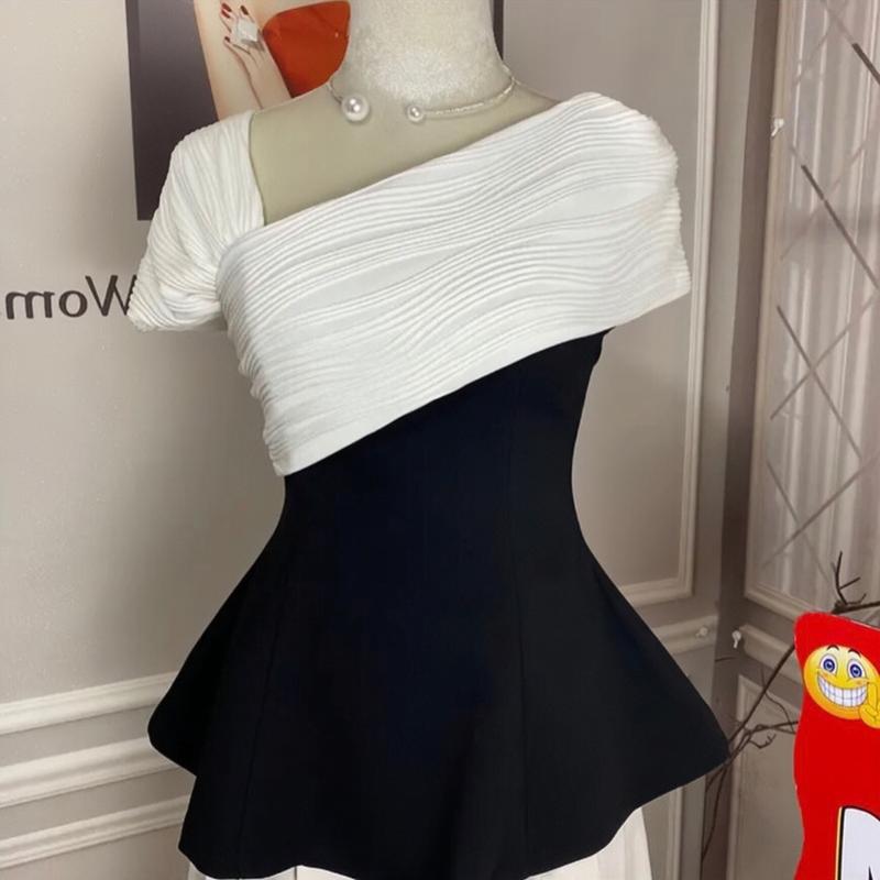 Áo peplum phối vai trễ thun gân chất tuyết Hàn Cổ chữ V Nữ Women Top Voi trễ vai
