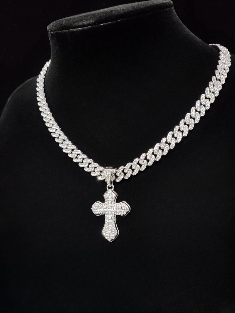 Product Introduction of 2024 Trendy Rhinestone Cross Pendant Necklace for Men & Women,  Punk Style Cuban Link Chain Jewelry Gift for Daily Decoration, Classic Fashion Accessories for Party, Club 0