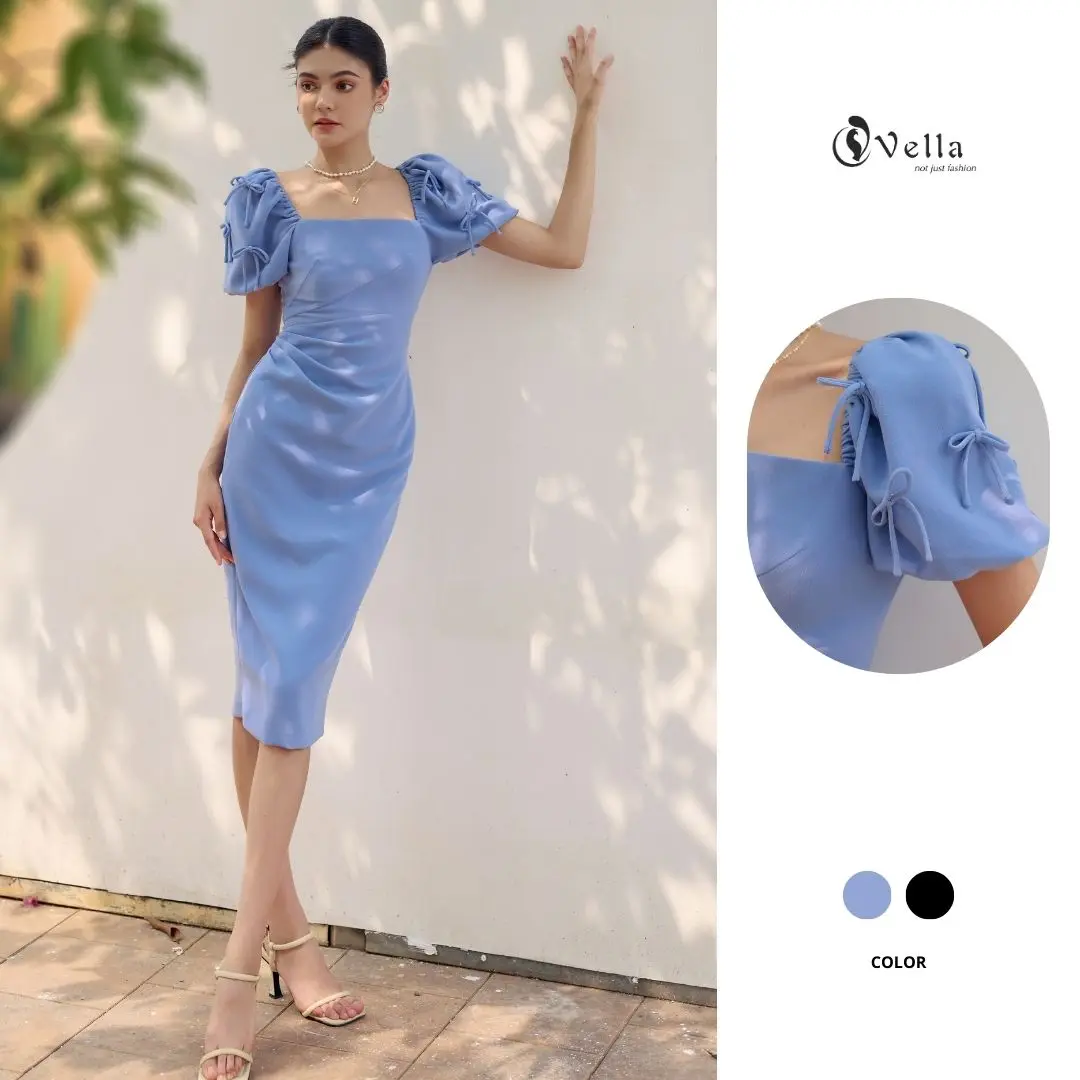 Vella Fashion - Đầm midi cổ vuông tay phồng không nơ VD23038