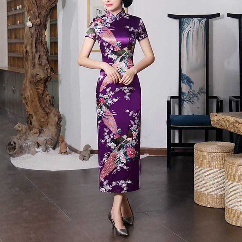 Euyuxan-Váy Phong Cách Quốc Gia Trung Quốc Cho Nữ, In Hoa, Cổ Đứng, Tay Áo Ngắn, Xẻ Tà Bên Cao, Nút Thắt Nút Trung Quốc, Sườn Xám, Satin, Mượt Mà, Vừa Vặn, Mùa Hè, Mùa Xuân, Qipao 6